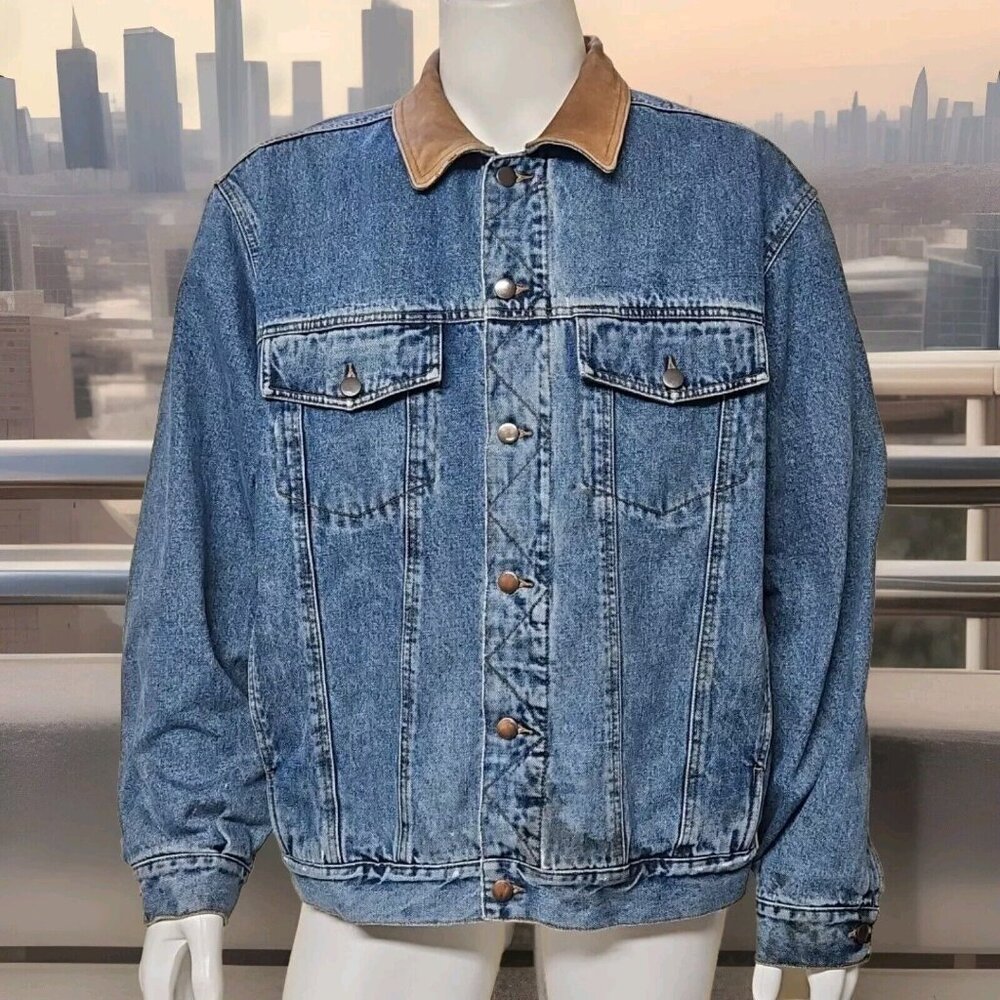 Vtg Distressed Denim Jacket Mens XL Fleece Lined Cowboy Coat Blue Leather Trim